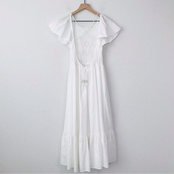 New! Zara Linen Crochet Bohemian Open Back Tiered Ruffle Sleeve White Maxi Dress - Picture 3 of 13